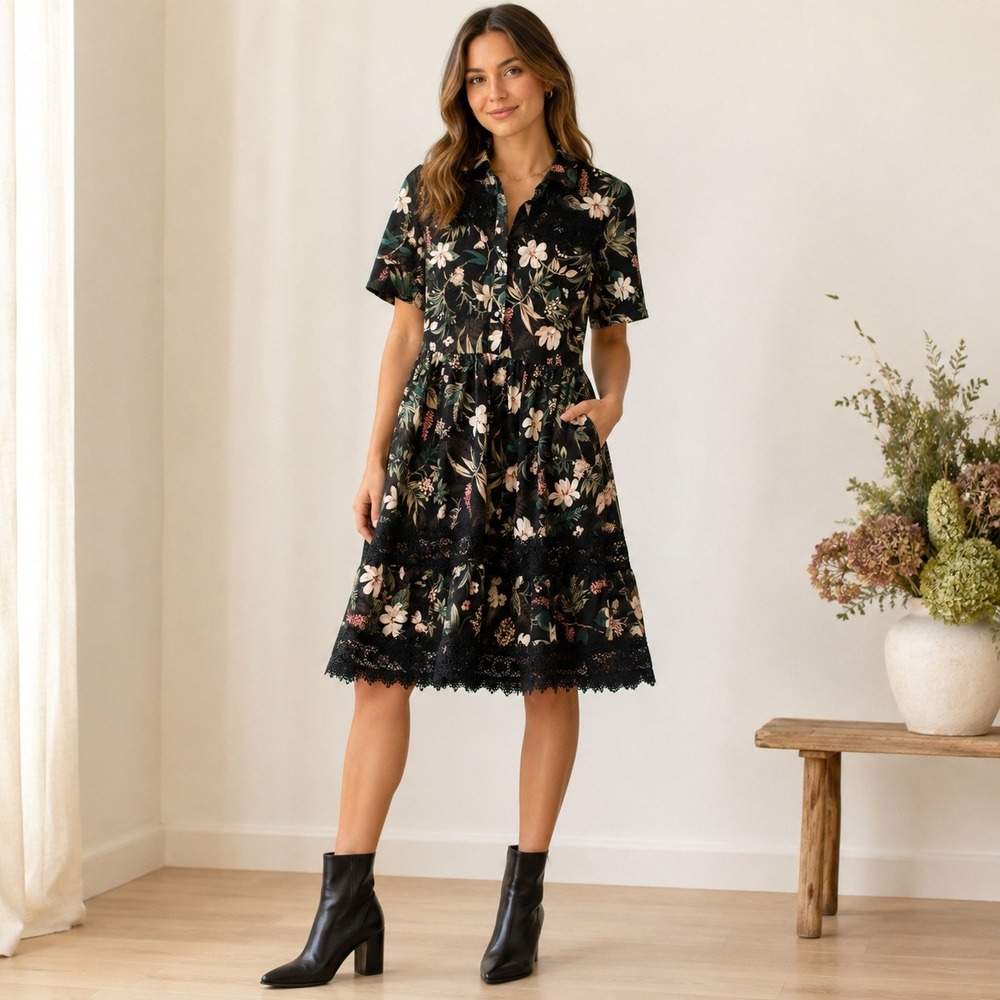 Kate Spade Botanical Lace Inset Poplin Dress Womens 6 Black Floral NJMU8388
